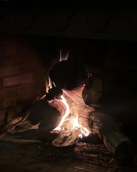 La chimenea de ladrillo encendida