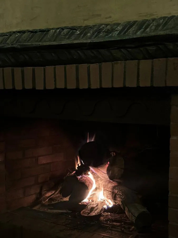 Chimenea de ladrillo encendida en el salón de EUFORIA